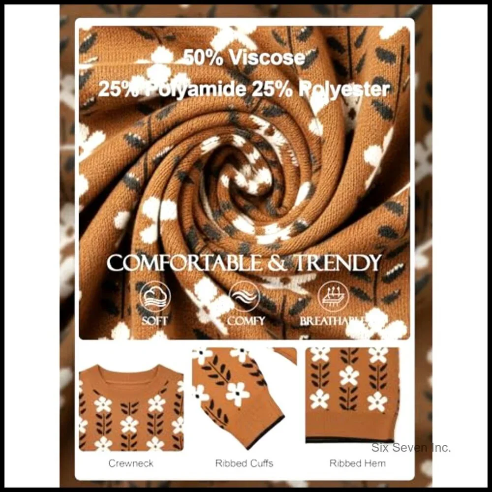 Oversized Floral Knit Pullover Chunky Crewneck Sweater Y2K Chic Casual - Picture 5 of 7